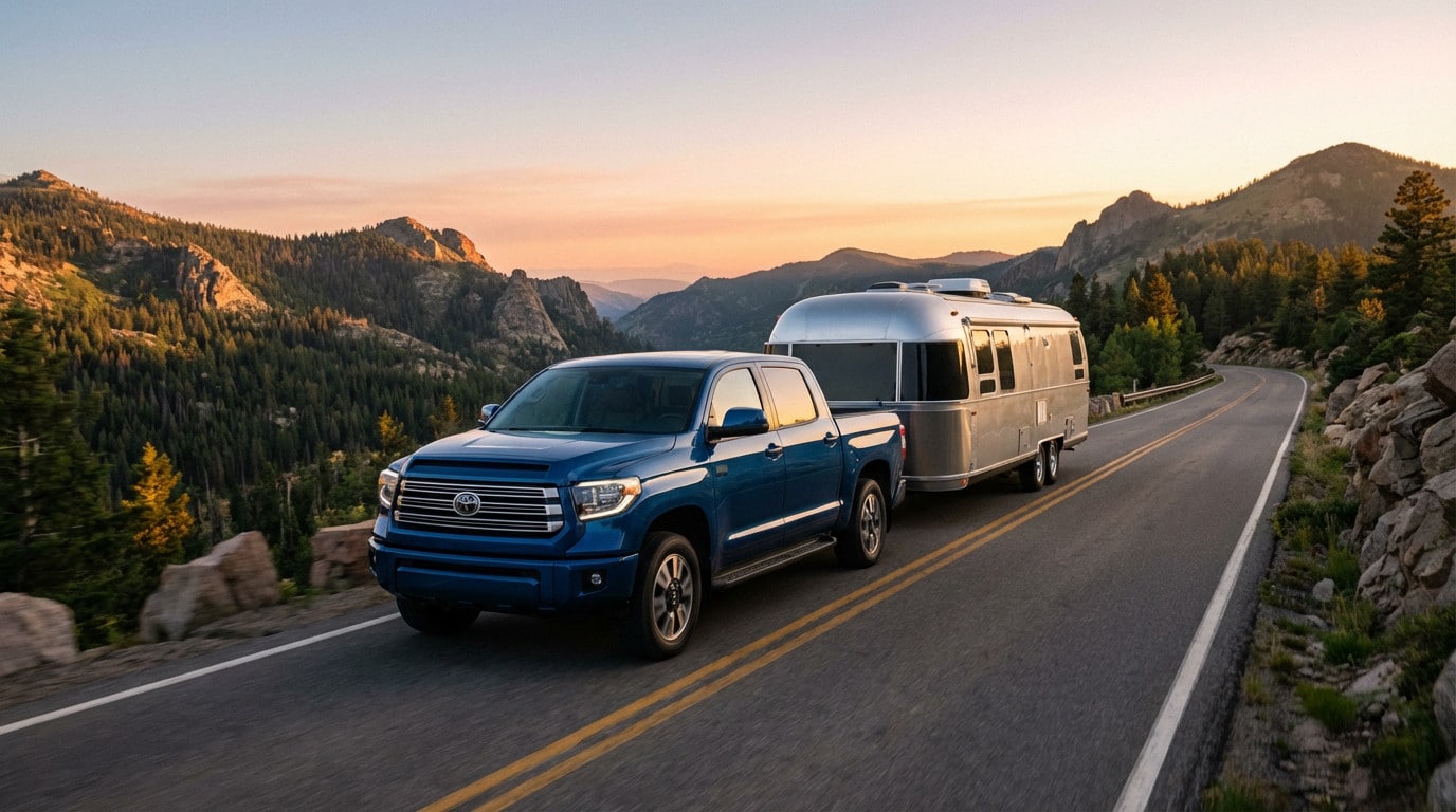 blue tundra towing trailer through mountain pass