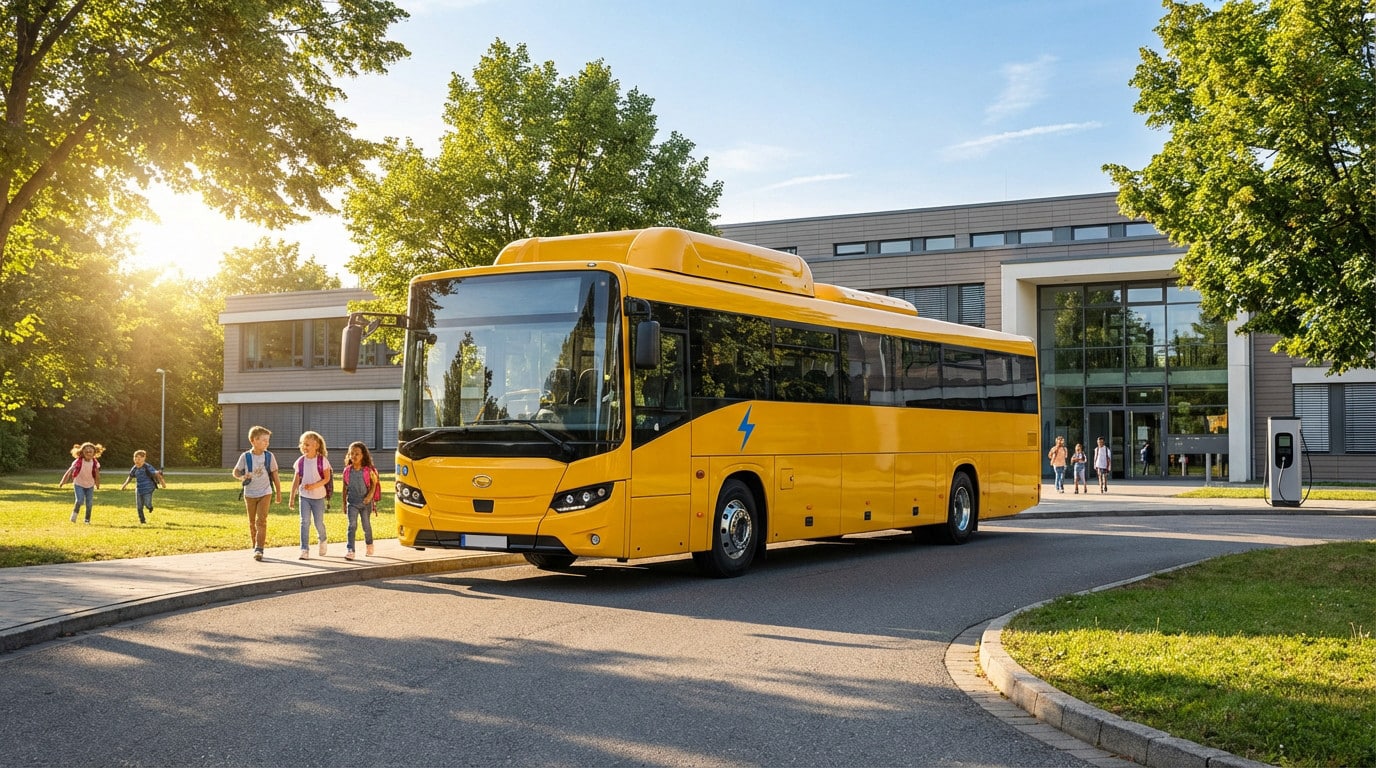 bright future electric school bus and happy students