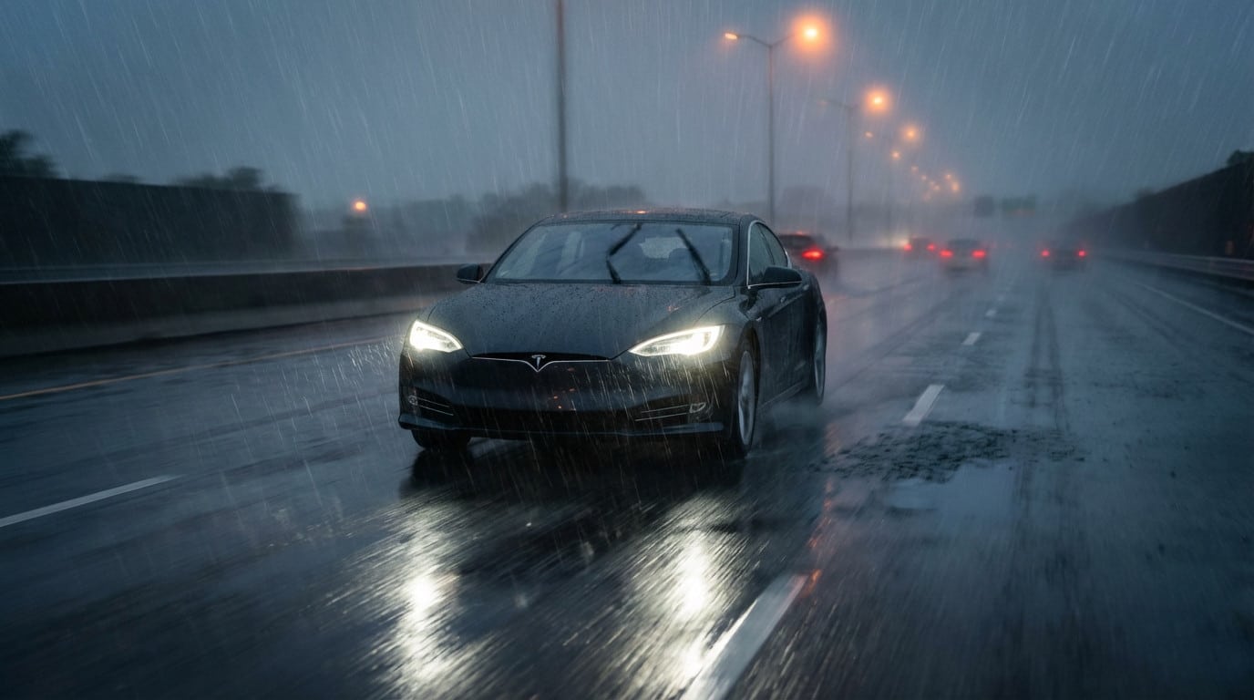 challenging drive tesla on rain slicked highway at dusk