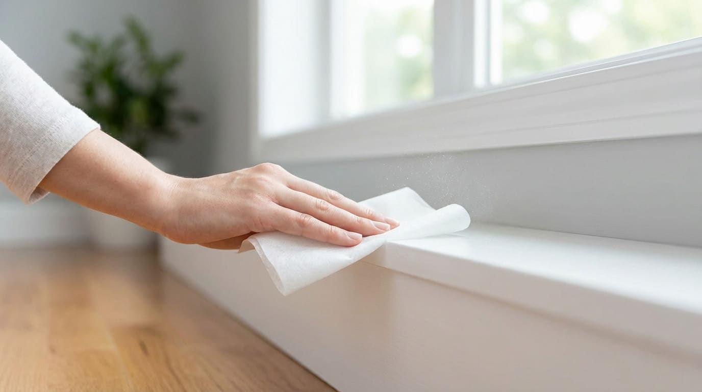gentle baseboard cleaning with dryer sheet