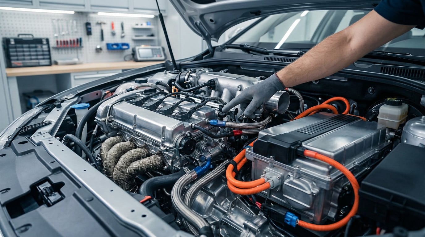 ice and ev powertrain a hybrid engine bay inspection