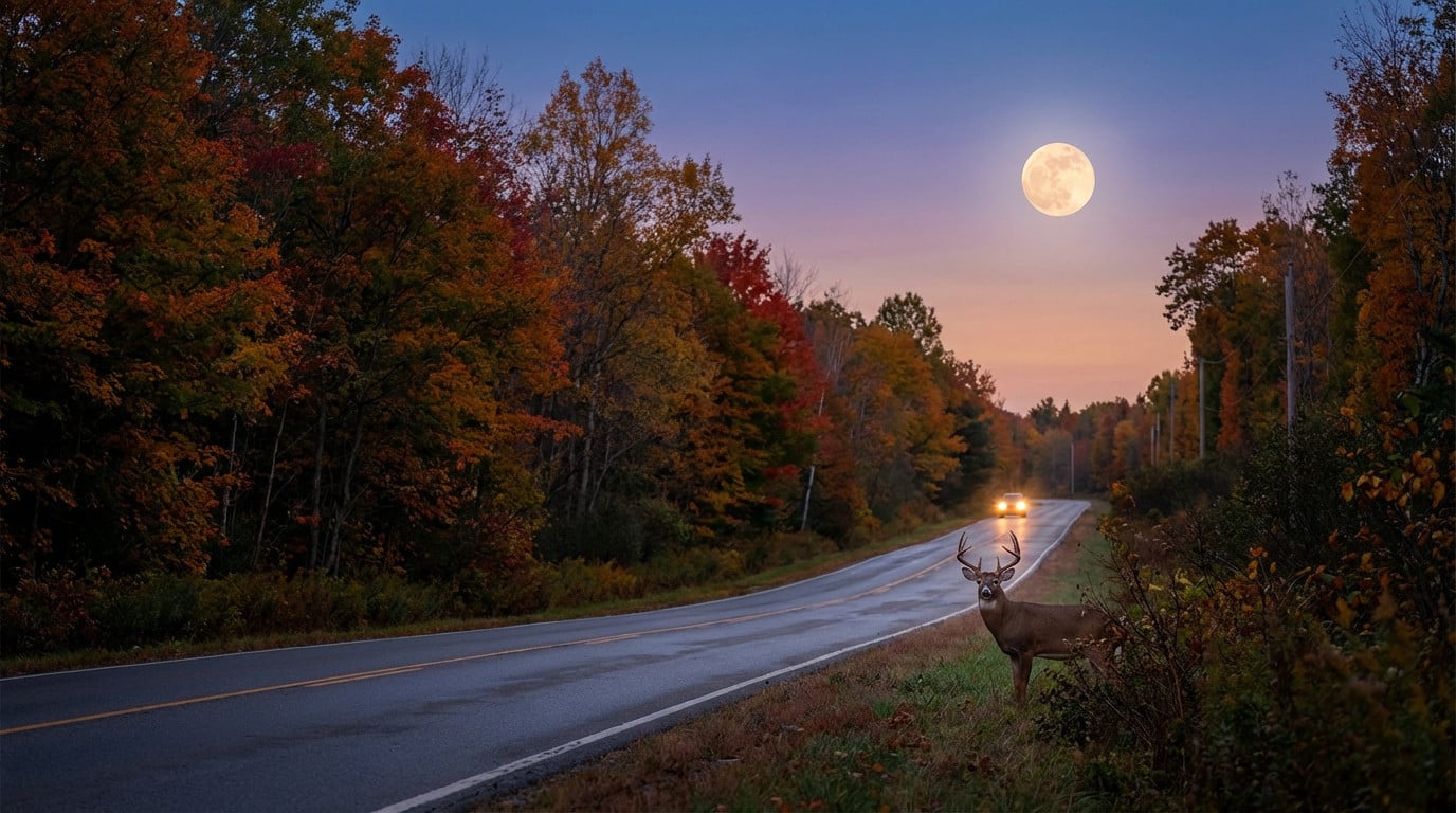 majestic buck under full moon on autumn road