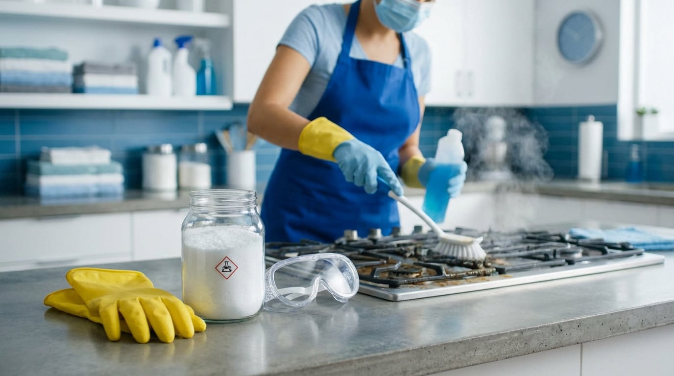 professional kitchen deep clean with safety gear