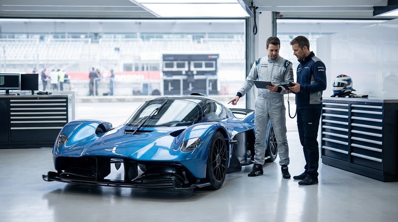 race car team discusses strategy in pit lane
