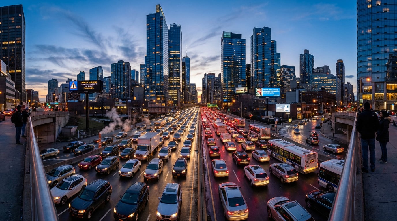 urban twilight city traffic jam at rush hour