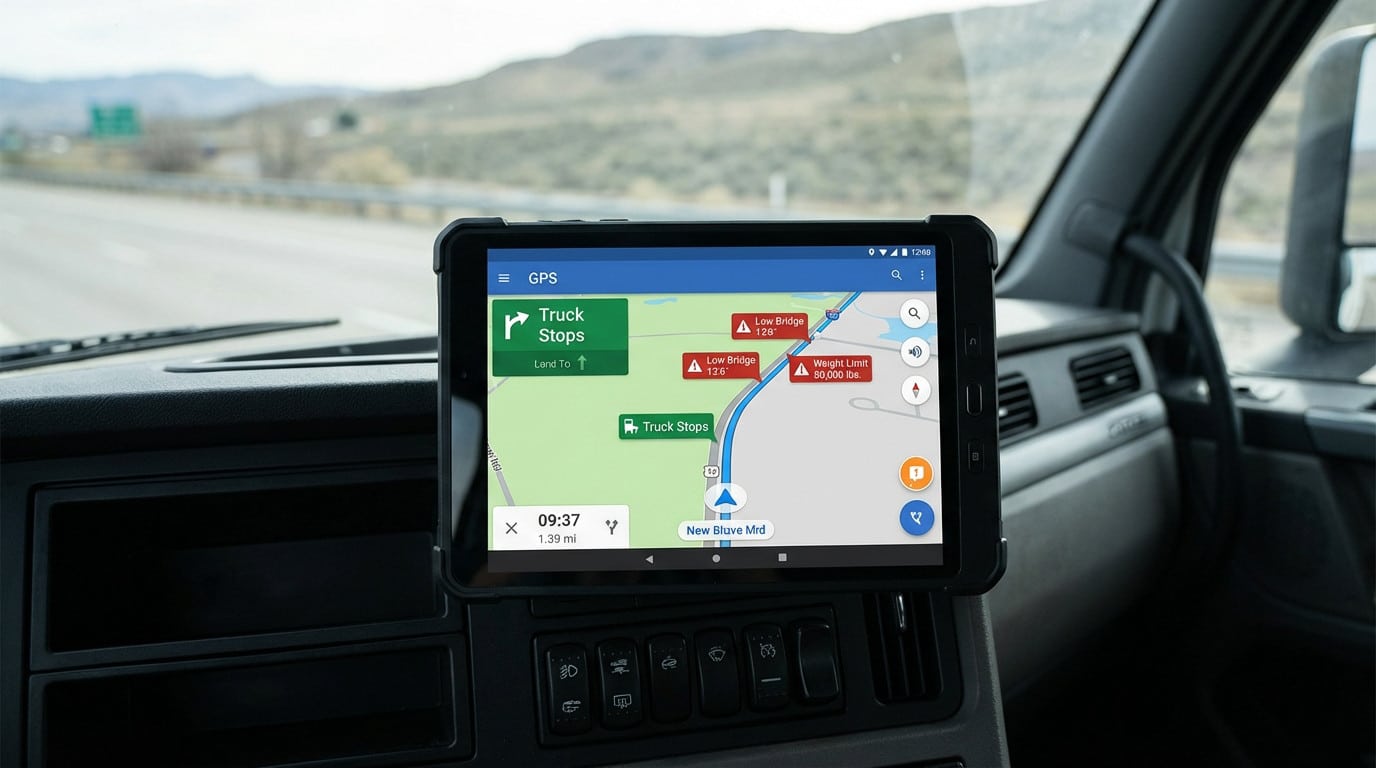 advanced gps navigation in heavy duty truck cabin