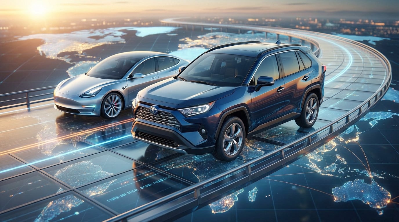 Photorealistic image of a blue SUV leading a silver electric sedan on a futuristic global highway at dawn, symbolizing market shift.