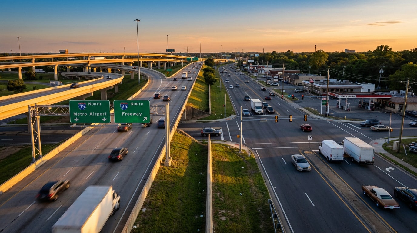 Elevated view contrasting a modern multi-lane freeway with complex overpasses and a traditional highway with businesses, at golden hour.