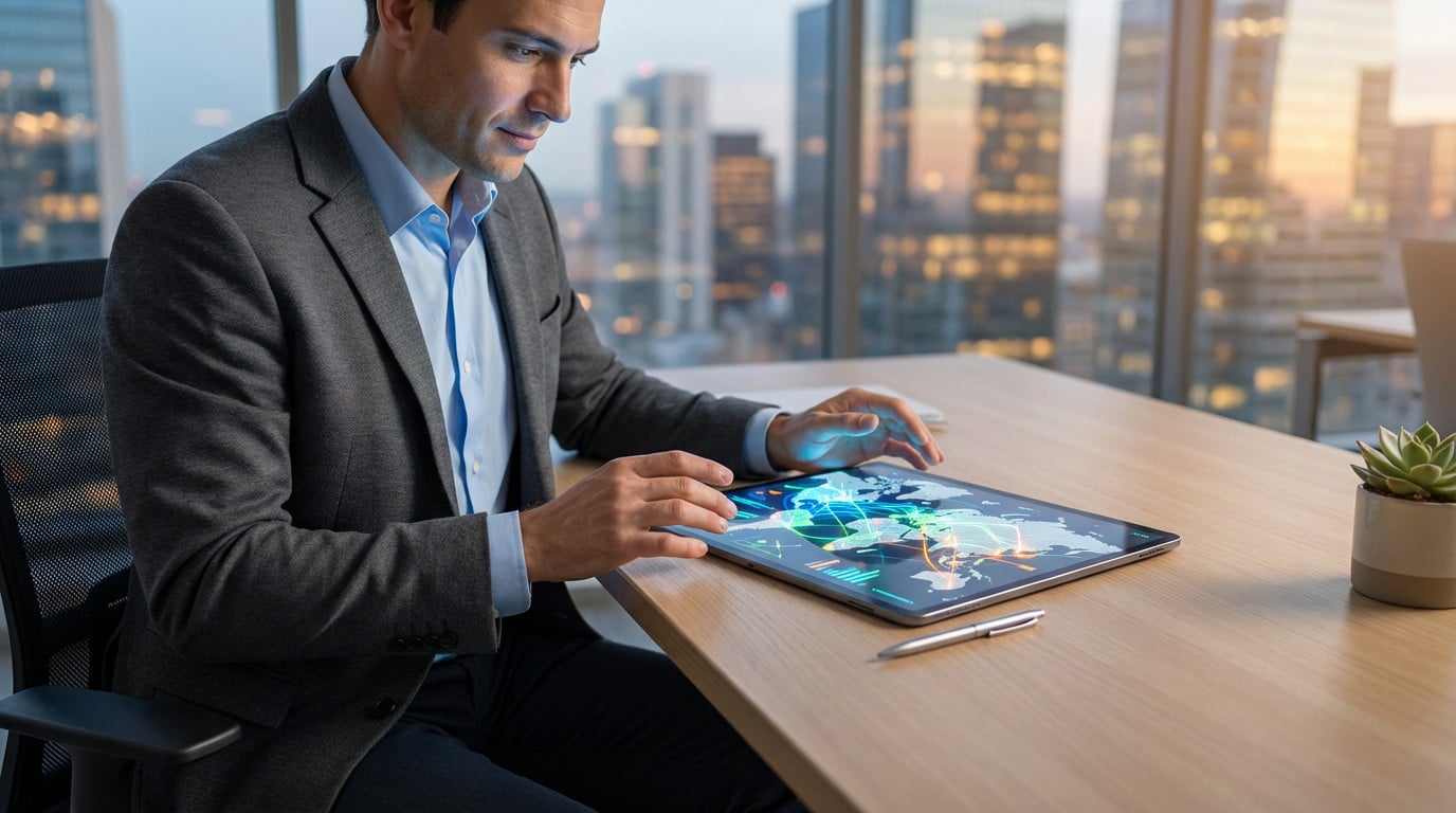 innovating with data executive using tablet in city office