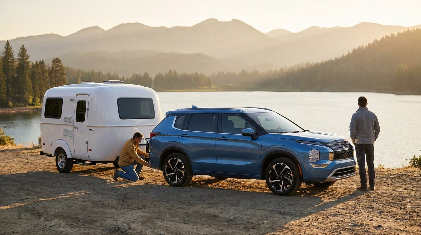 A metallic blue SUV tows a white travel trailer at a lakeside overlook during golden hour, with two figures preparing for adventure.