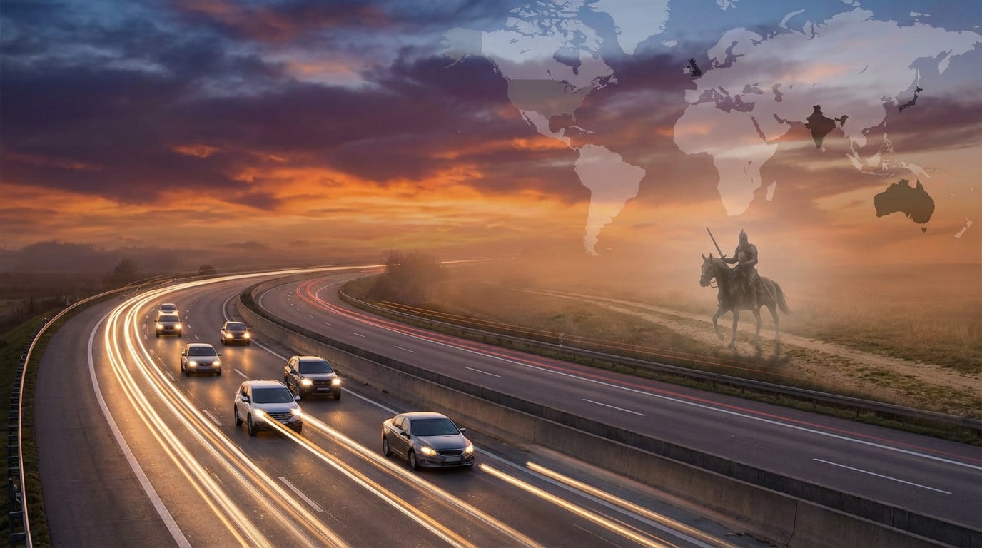 Dusk scene with modern cars driving left on a highway, light streaks, and a ghostly medieval knight on an ancient path. A world map of left-driving countries overlays the sky.