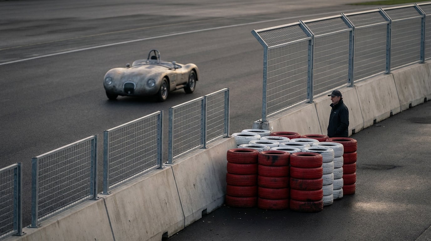 A vintage silver race car on a dark asphalt track, with modern concrete barriers, catch fencing, and tire stacks. A man reflects on safety.