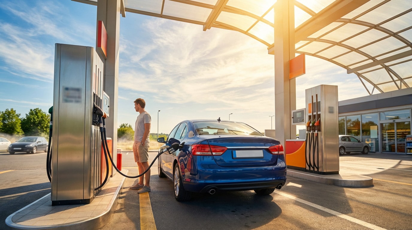 A man fuels a dark blue sedan at a modern gas station on a bright, sunny summer day, with golden hour light.
